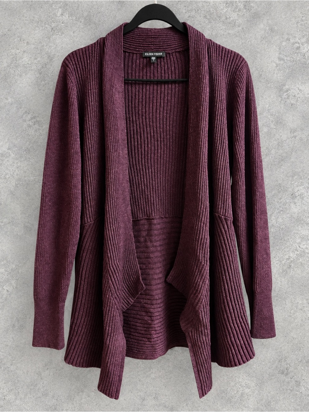 Eileen Fisher 100% Merino Wool Plum Ribbed Open-Front Cardigan